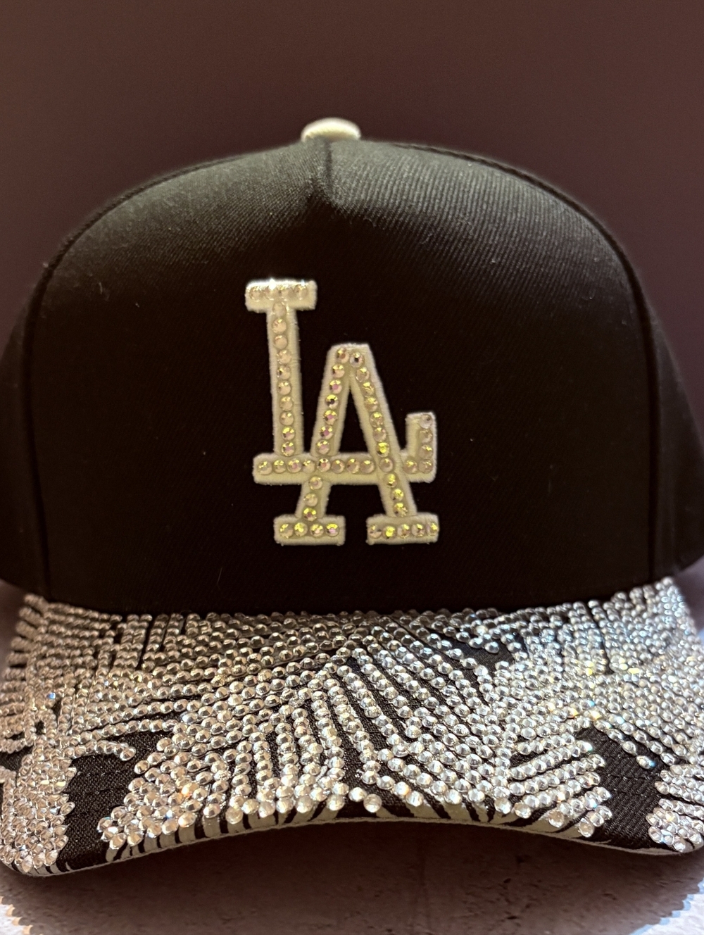 Mitchell & Ness Black Snap Back Hat with Silver Rhinestones LA Logo